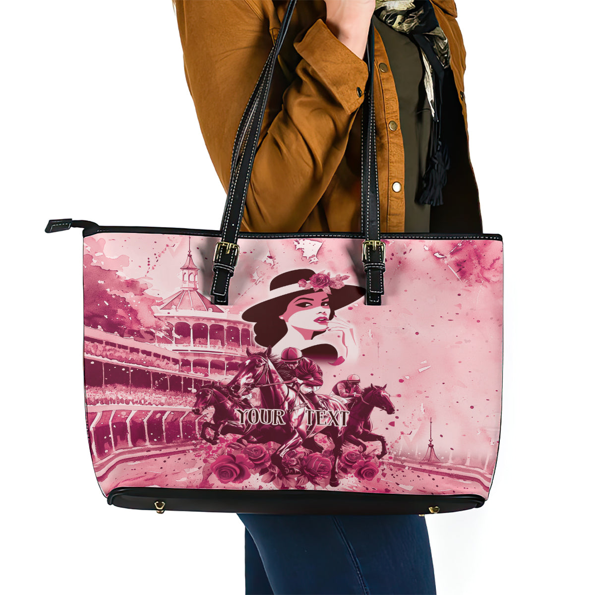 Personalized Kentucky Ladies Leather Tote Bag The Run For The Roses Derby - Pink Out - Wonder Print Shop