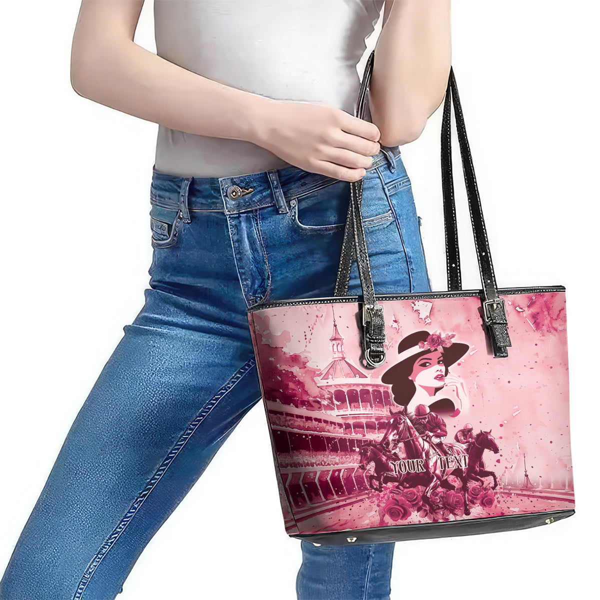 Personalized Kentucky Ladies Leather Tote Bag The Run For The Roses Derby - Pink Out - Wonder Print Shop