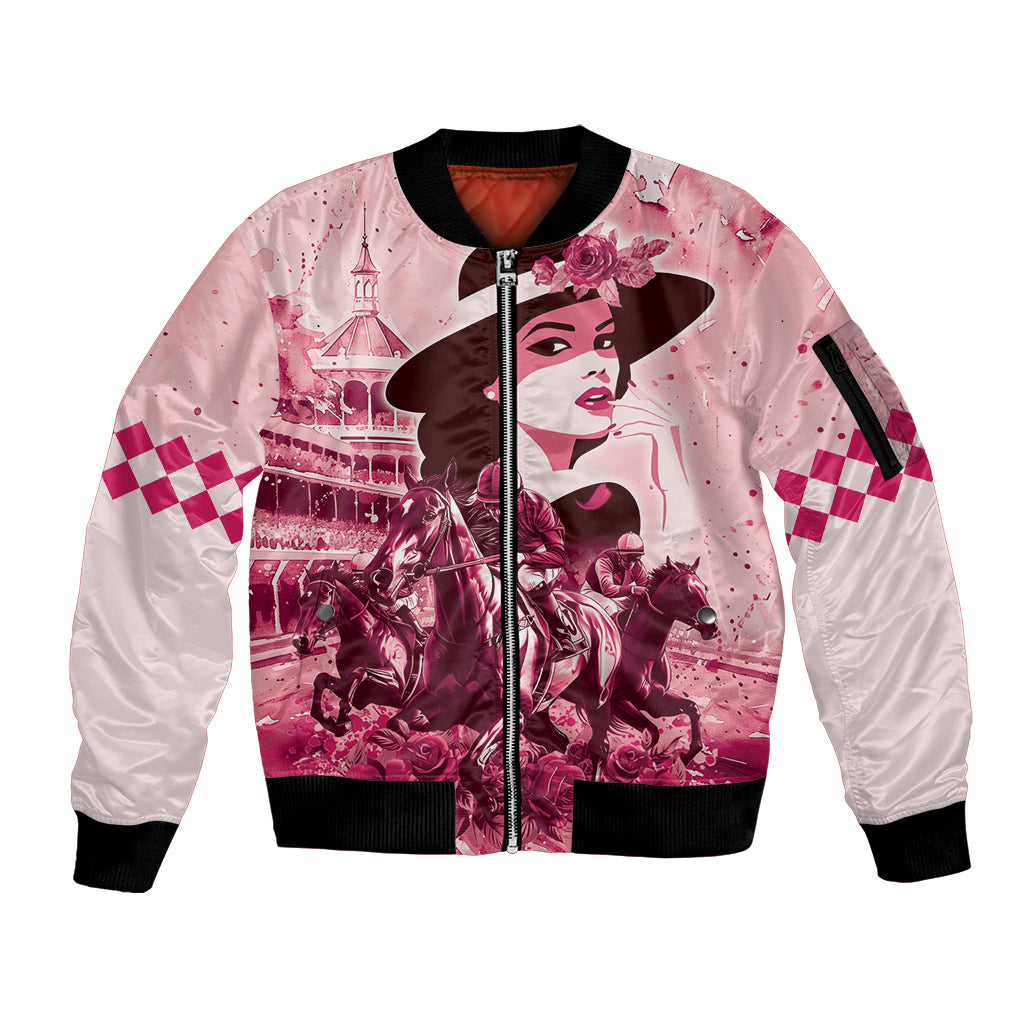 Personalized Kentucky Ladies Sleeve Zip Bomber Jacket The Run For The Roses Derby - Pink Out - Wonder Print Shop