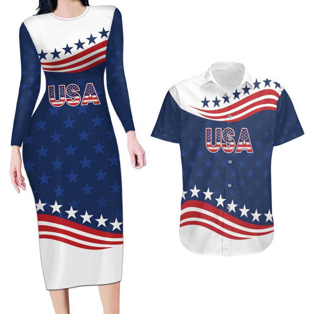 United States Pacific Rugby Custom Couples Matching Long Sleeve Bodycon Dress and Hawaiian Shirt USA Classic Sporty Pattern