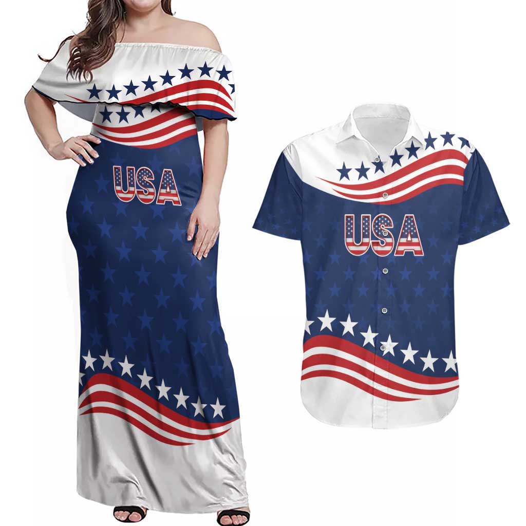 United States Pacific Rugby Custom Couples Matching Off Shoulder Maxi Dress and Hawaiian Shirt USA Classic Sporty Pattern