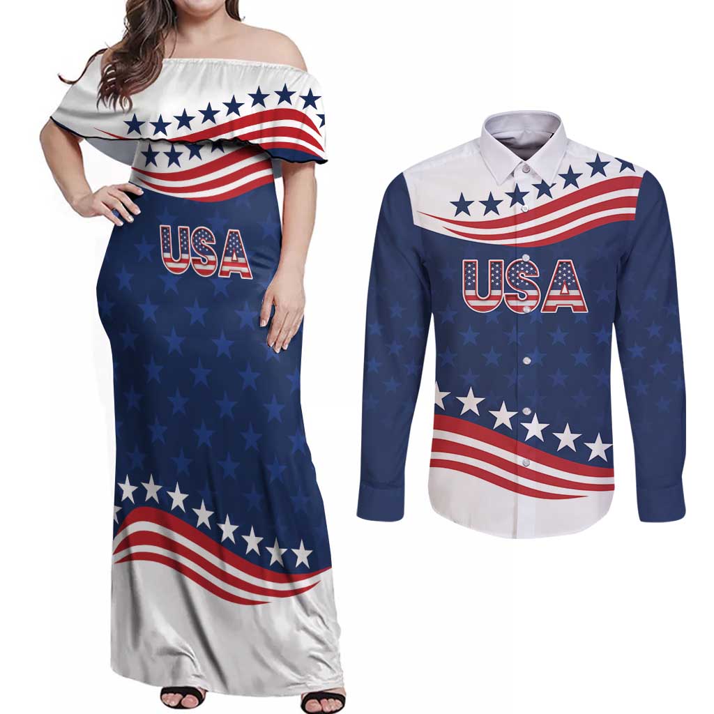 United States Pacific Rugby Custom Couples Matching Off Shoulder Maxi Dress and Long Sleeve Button Shirt USA Classic Sporty Pattern