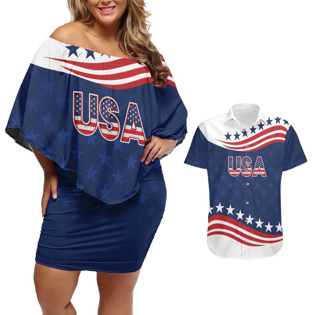 United States Pacific Rugby Custom Couples Matching Off Shoulder Short Dress and Hawaiian Shirt USA Classic Sporty Pattern