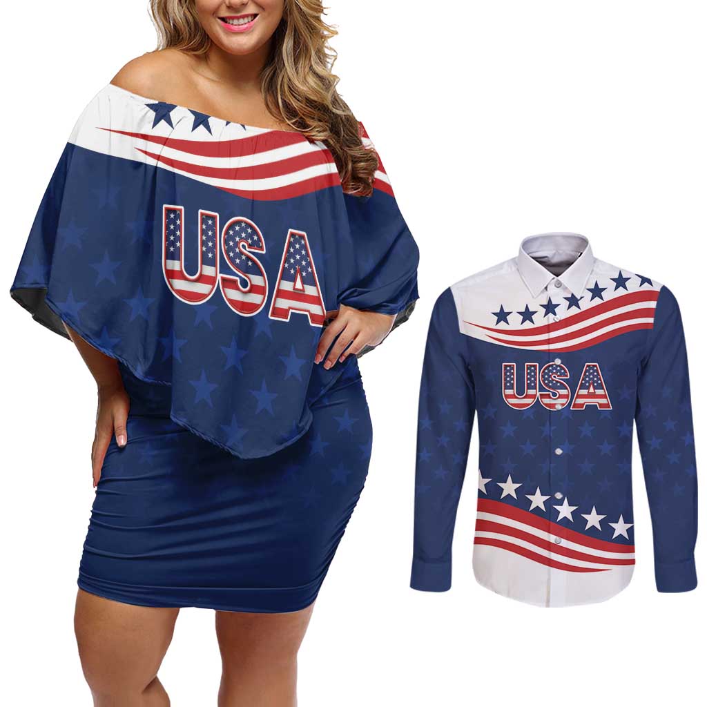 United States Pacific Rugby Custom Couples Matching Off Shoulder Short Dress and Long Sleeve Button Shirt USA Classic Sporty Pattern