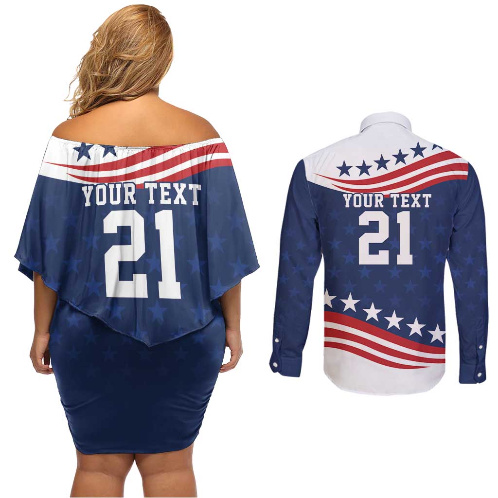 United States Pacific Rugby Custom Couples Matching Off Shoulder Short Dress and Long Sleeve Button Shirt USA Classic Sporty Pattern