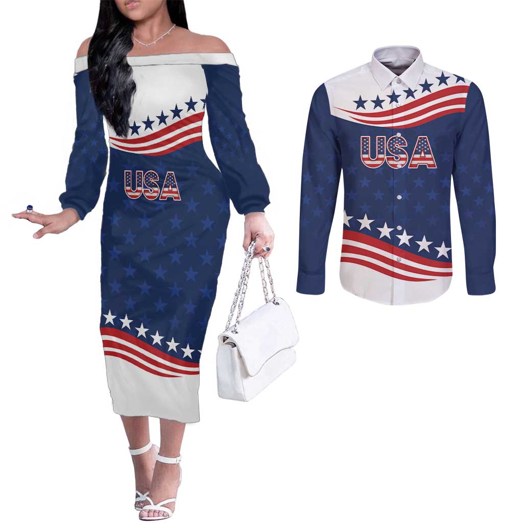 United States Pacific Rugby Custom Couples Matching Off The Shoulder Long Sleeve Dress and Long Sleeve Button Shirt USA Classic Sporty Pattern