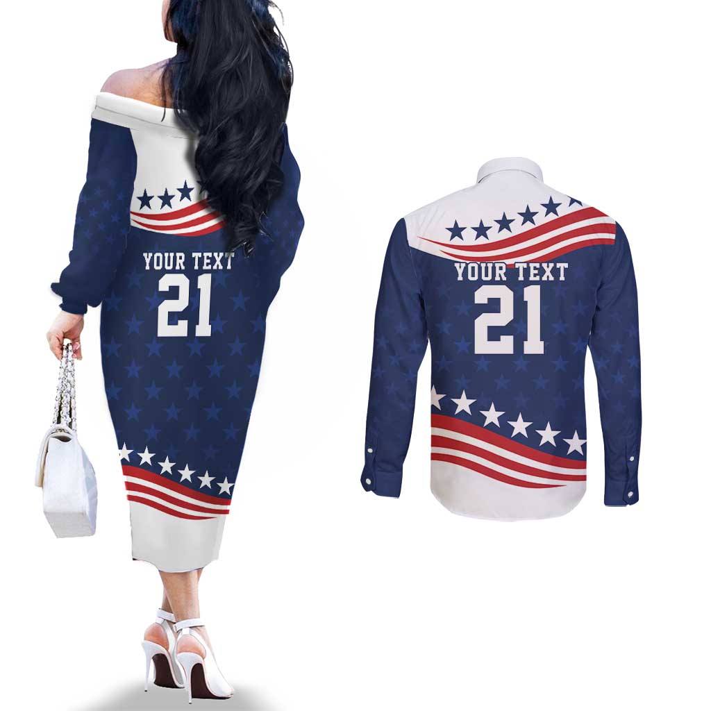 United States Pacific Rugby Custom Couples Matching Off The Shoulder Long Sleeve Dress and Long Sleeve Button Shirt USA Classic Sporty Pattern