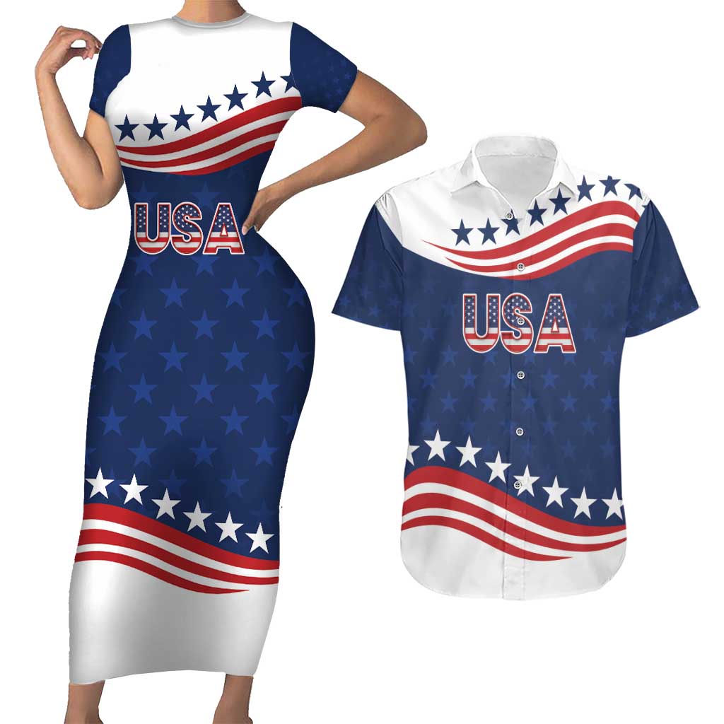 United States Pacific Rugby Custom Couples Matching Short Sleeve Bodycon Dress and Hawaiian Shirt USA Classic Sporty Pattern