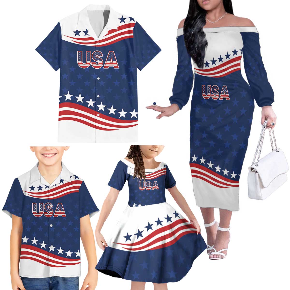 United States Pacific Rugby Custom Family Matching Off The Shoulder Long Sleeve Dress and Hawaiian Shirt USA Classic Sporty Pattern