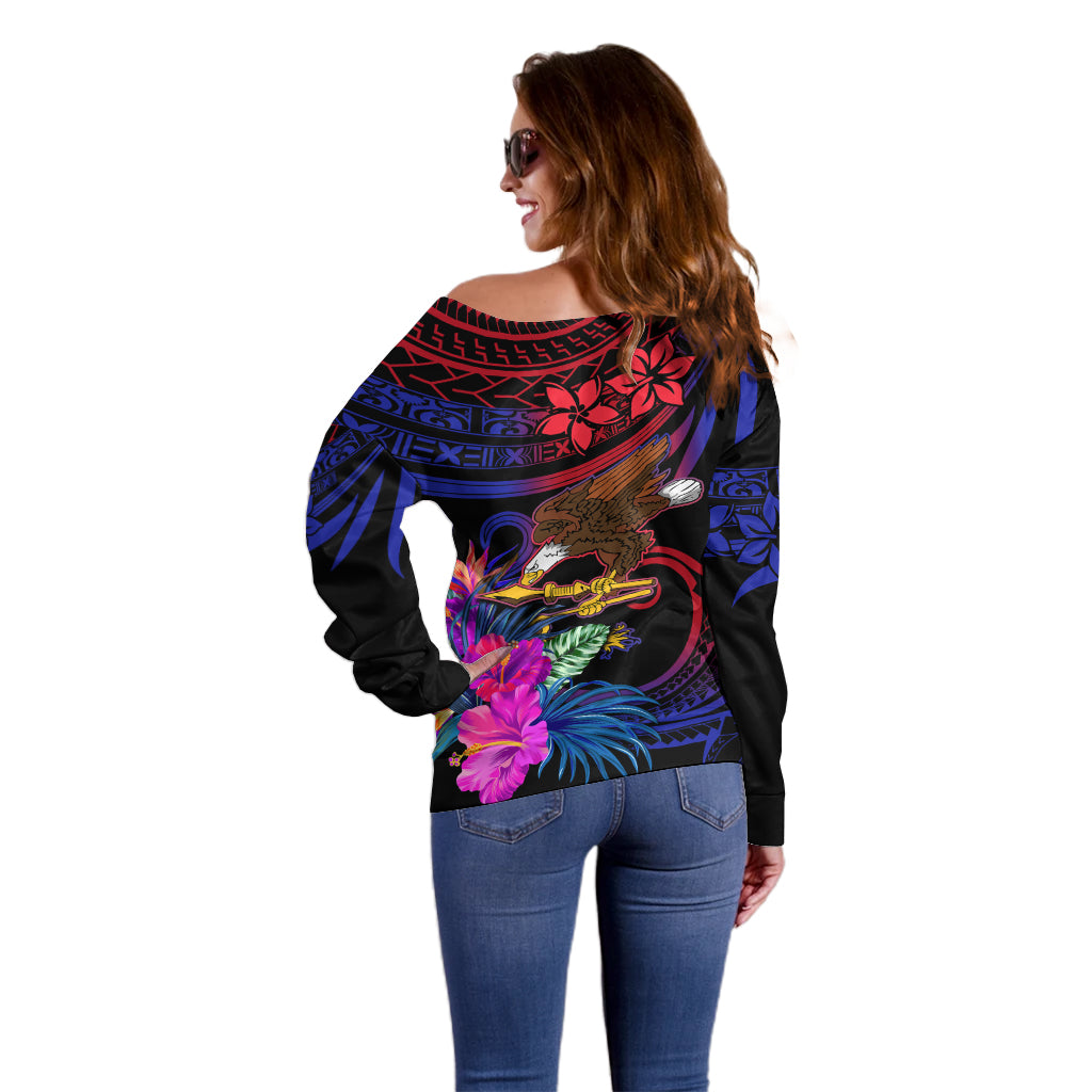 Custom American Samoa Off Shoulder Sweater Manu'a Cession Day Polynesian Tribal - Wonder Print Shop