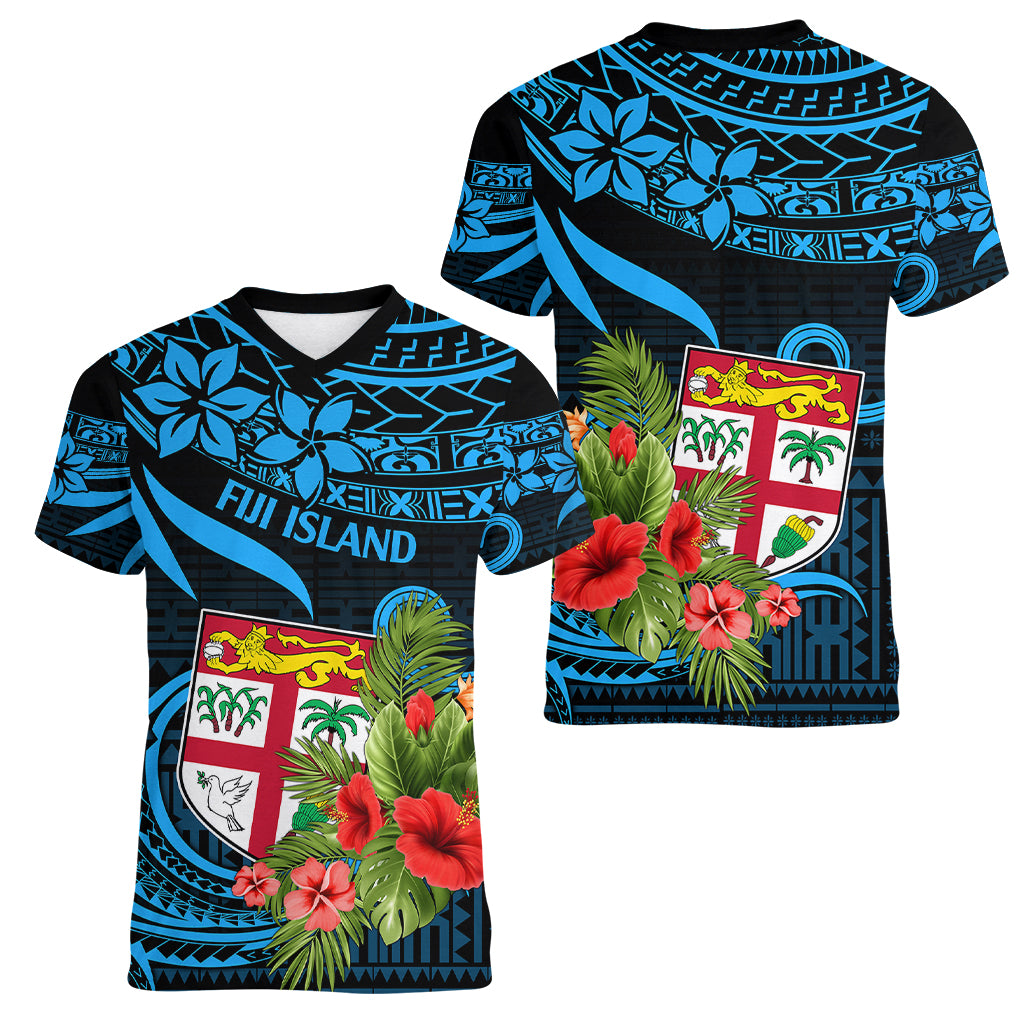 Fiji Islands Women V Neck T Shirt With Polynesian Tribal Happy National Day - Wonder Print Shop