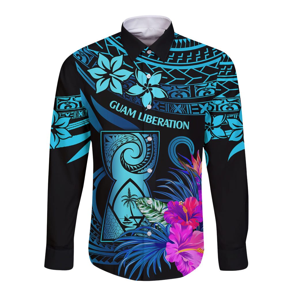 Polynesian Guam Long Sleeve Button Shirt With Latte Stone Happy Liberation Day - Wonder Print Shop