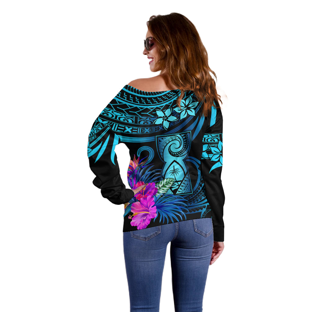 Custom Polynesian Guam Off Shoulder Sweater With Latte Stone Happy Liberation Day - Wonder Print Shop