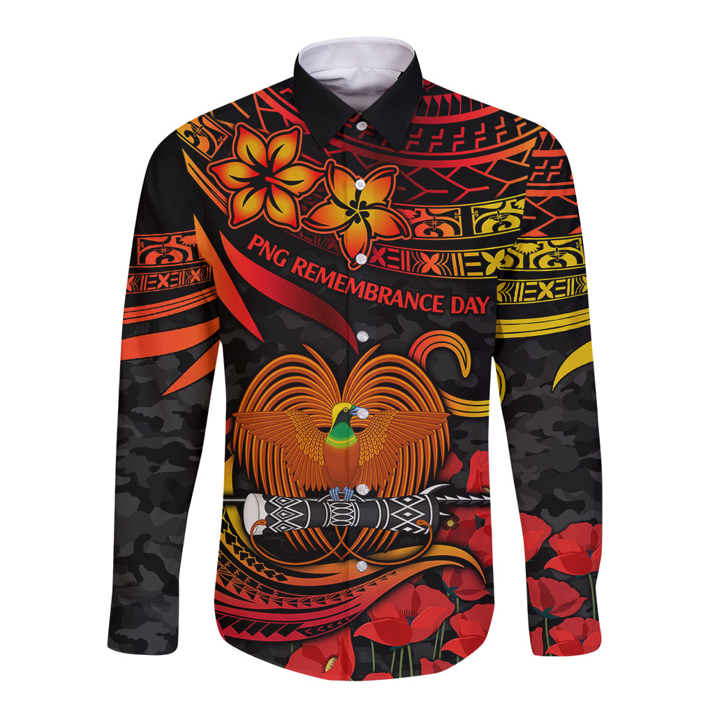 PNG Remembrance Day Long Sleeve Button Shirt Polynesian Tribal and Poppy - Wonder Print Shop