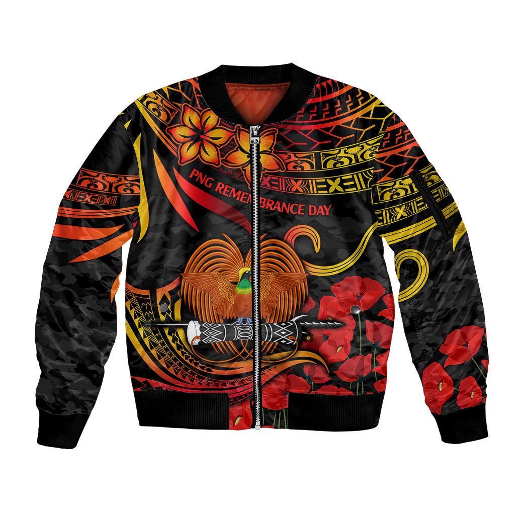 PNG Remembrance Day Sleeve Zip Bomber Jacket Polynesian Tribal and Poppy - Wonder Print Shop