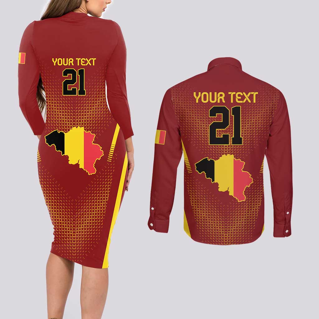 Custom Belgium Football Couples Matching Long Sleeve Bodycon Dress and Long Sleeve Button Shirt Royal Belgian 1895 with Map Style LT9 - Wonder Print Shop