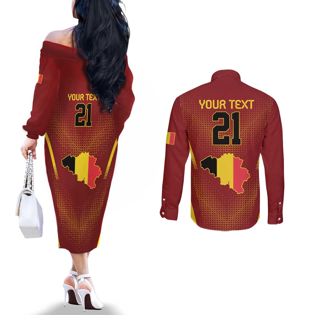 Custom Belgium Football Couples Matching Off The Shoulder Long Sleeve Dress and Long Sleeve Button Shirt Royal Belgian 1895 with Map Style