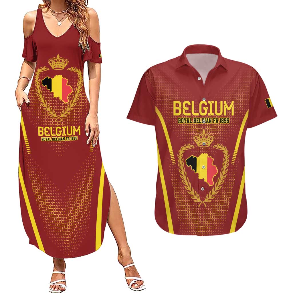 Custom Belgium Football Couples Matching Summer Maxi Dress and Hawaiian Shirt Royal Belgian 1895 with Map Style LT9 - Wonder Print Shop
