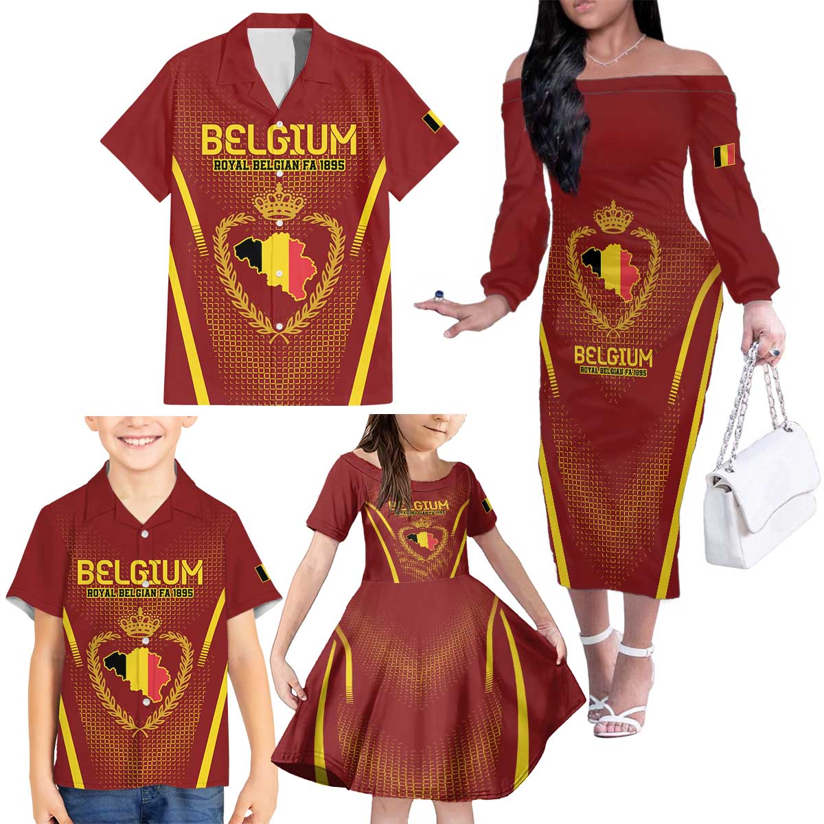 Custom Belgium Football Family Matching Off The Shoulder Long Sleeve Dress and Hawaiian Shirt Royal Belgian 1895 with Map Style - Wonder Print Shop