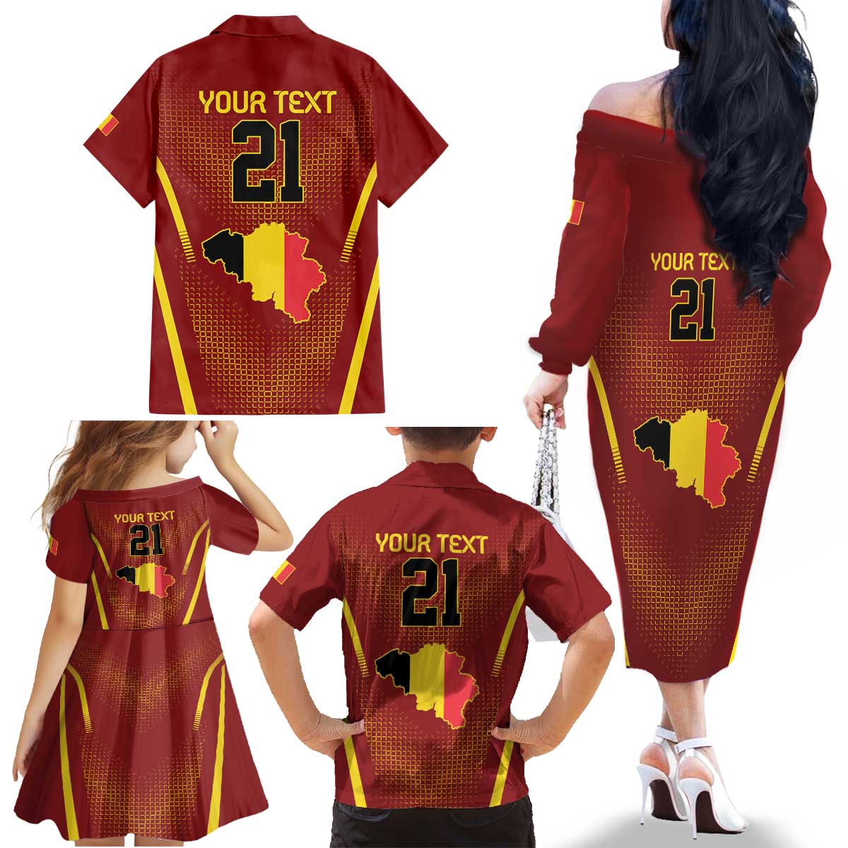Custom Belgium Football Family Matching Off The Shoulder Long Sleeve Dress and Hawaiian Shirt Royal Belgian 1895 with Map Style - Wonder Print Shop