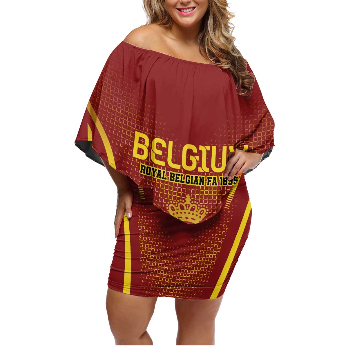 Custom Belgium Football Family Matching Off Shoulder Short Dress and Hawaiian Shirt Royal Belgian 1895 with Map Style LT9 - Wonder Print Shop