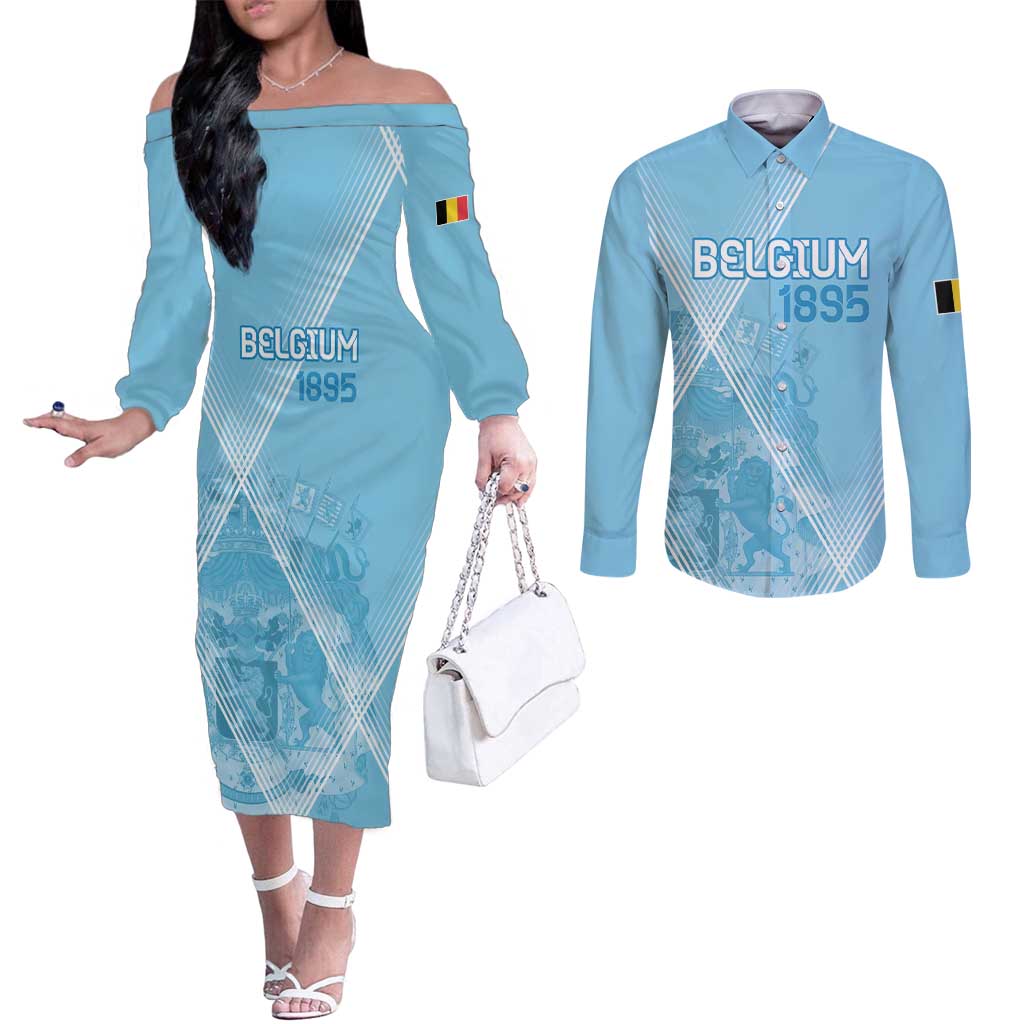 Custom Belgium 1895 Football Couples Matching Off The Shoulder Long Sleeve Dress and Long Sleeve Button Shirt De Rode Duivels Come Together