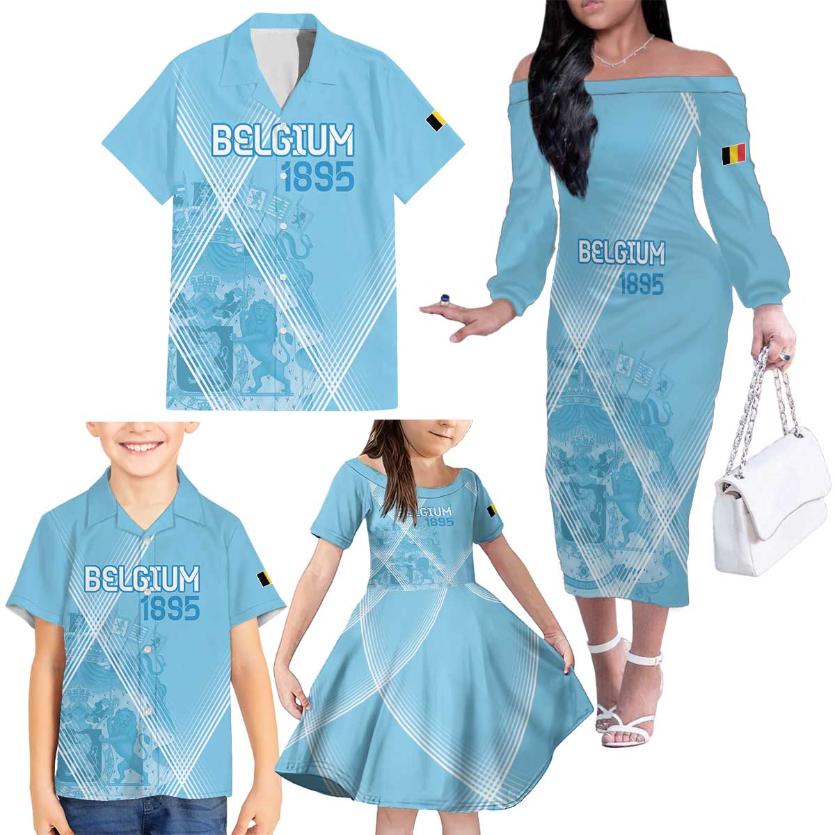 Custom Belgium 1895 Football Family Matching Off The Shoulder Long Sleeve Dress and Hawaiian Shirt De Rode Duivels Come Together - Wonder Print Shop