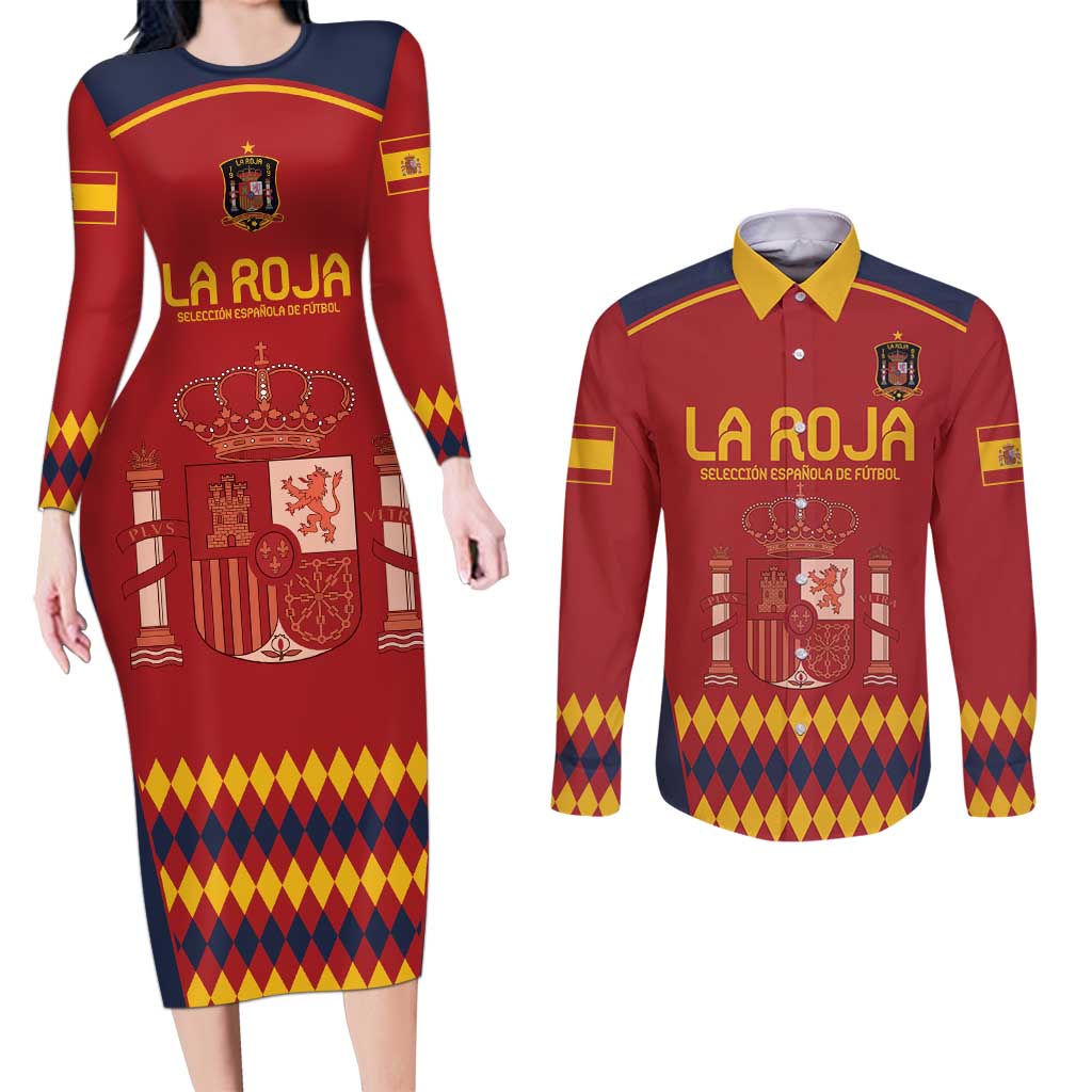 Custom Spain Football Couples Matching Long Sleeve Bodycon Dress and Long Sleeve Button Shirt Come on La Roja LT9 - Wonder Print Shop