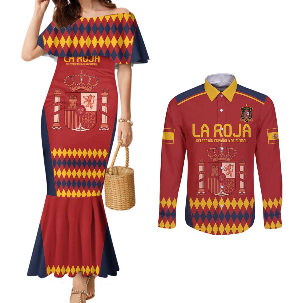 Custom Spain Football Couples Matching Mermaid Dress and Long Sleeve Button Shirt Come on La Roja