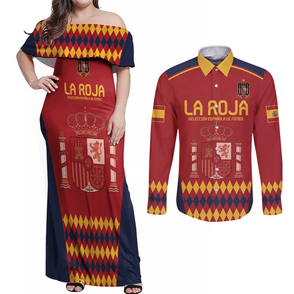 Custom Spain Football Couples Matching Off Shoulder Maxi Dress and Long Sleeve Button Shirt Come on La Roja LT9 - Wonder Print Shop