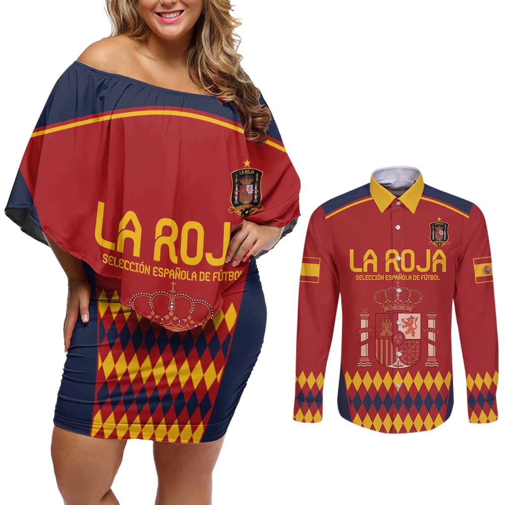 Custom Spain Football Couples Matching Off Shoulder Short Dress and Long Sleeve Button Shirt Come on La Roja LT9 - Wonder Print Shop