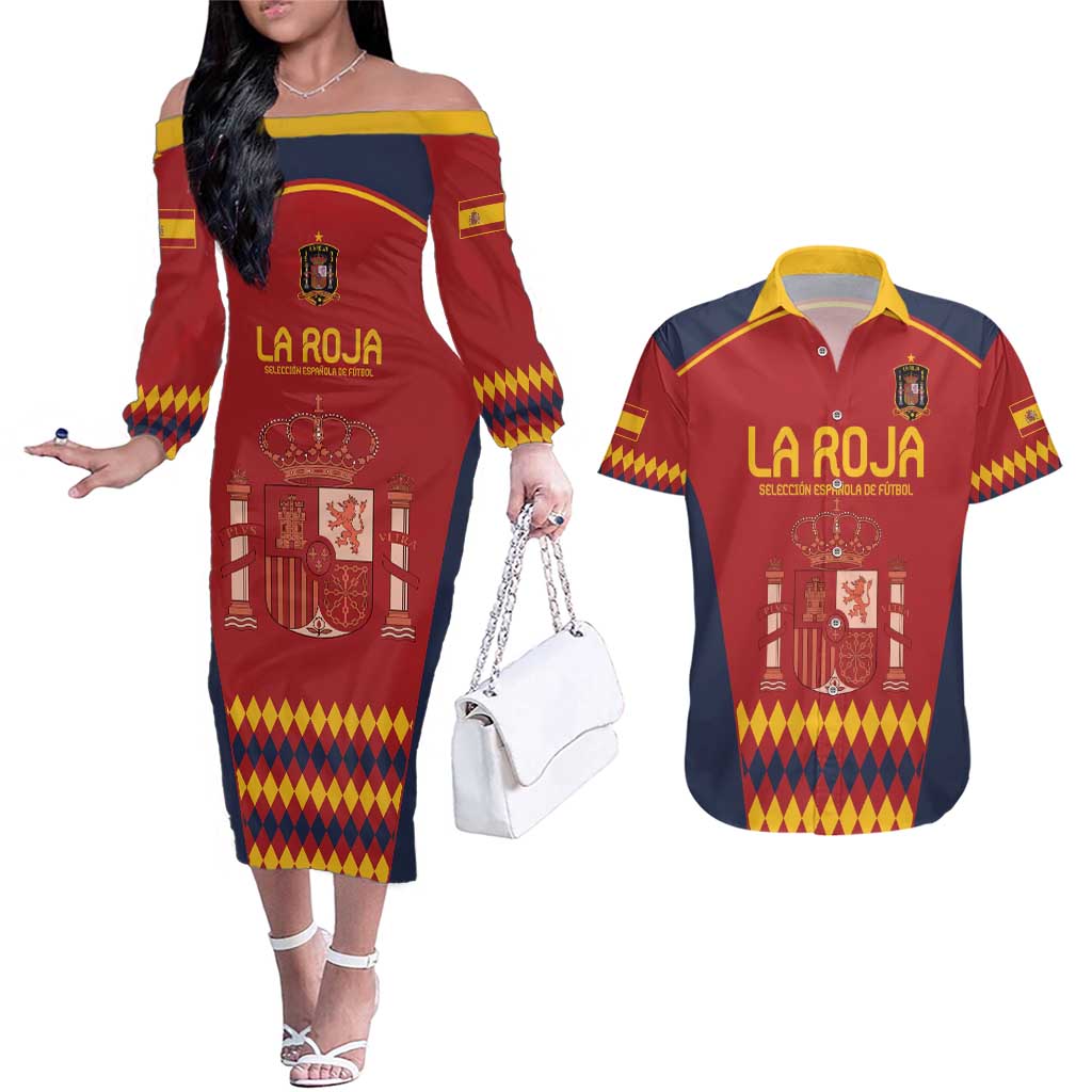 Custom Spain Football Couples Matching Off The Shoulder Long Sleeve Dress and Hawaiian Shirt Come on La Roja LT9 - Wonder Print Shop