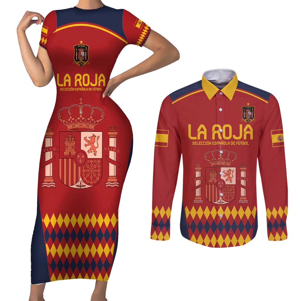 Custom Spain Football Couples Matching Short Sleeve Bodycon Dress and Long Sleeve Button Shirt Come on La Roja LT9 - Wonder Print Shop