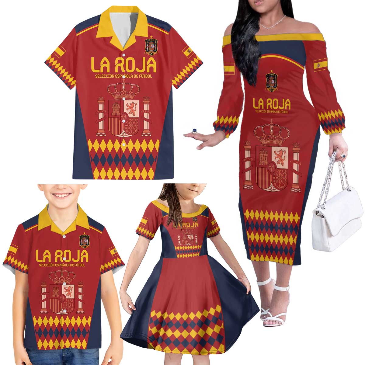 Custom Spain Football Family Matching Off The Shoulder Long Sleeve Dress and Hawaiian Shirt Come on La Roja - Wonder Print Shop