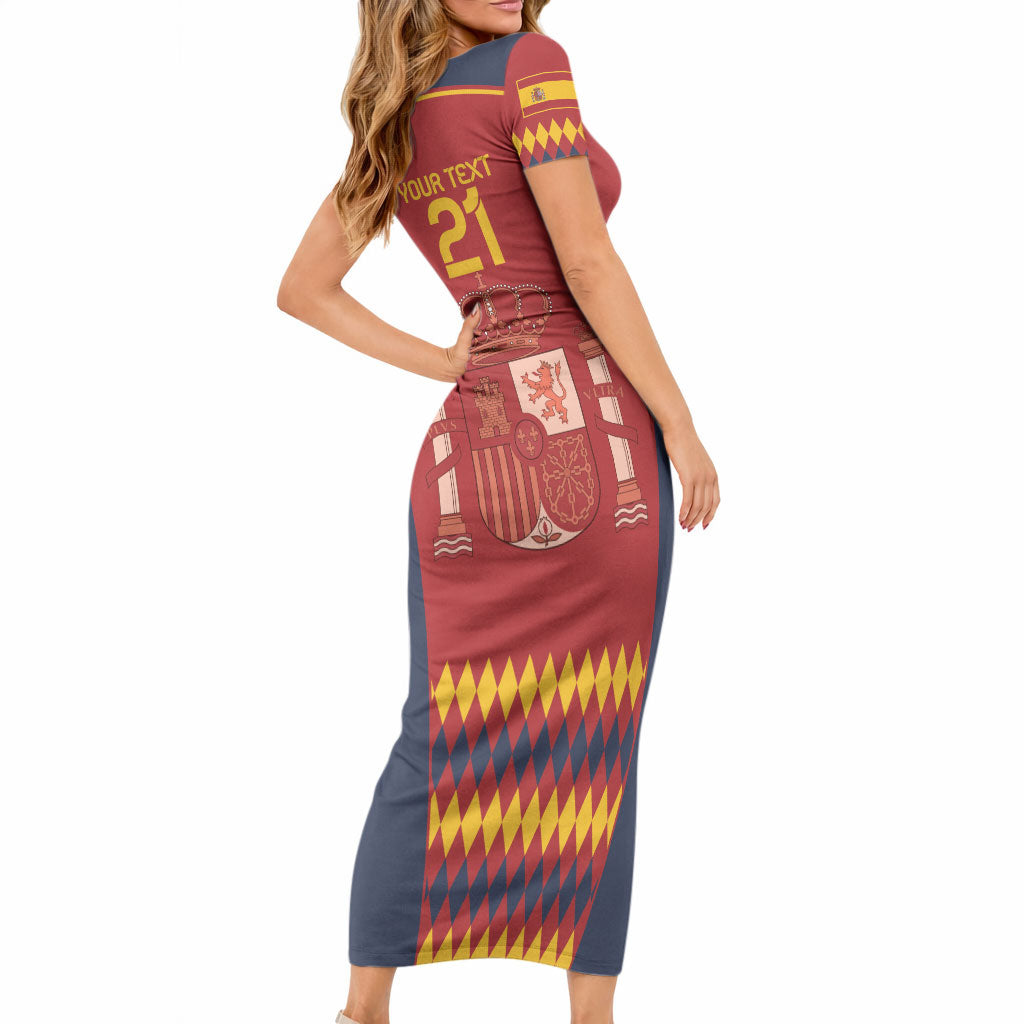 Red long bodycon football dress, short sleeves, Spain crest and patterned graphic at front