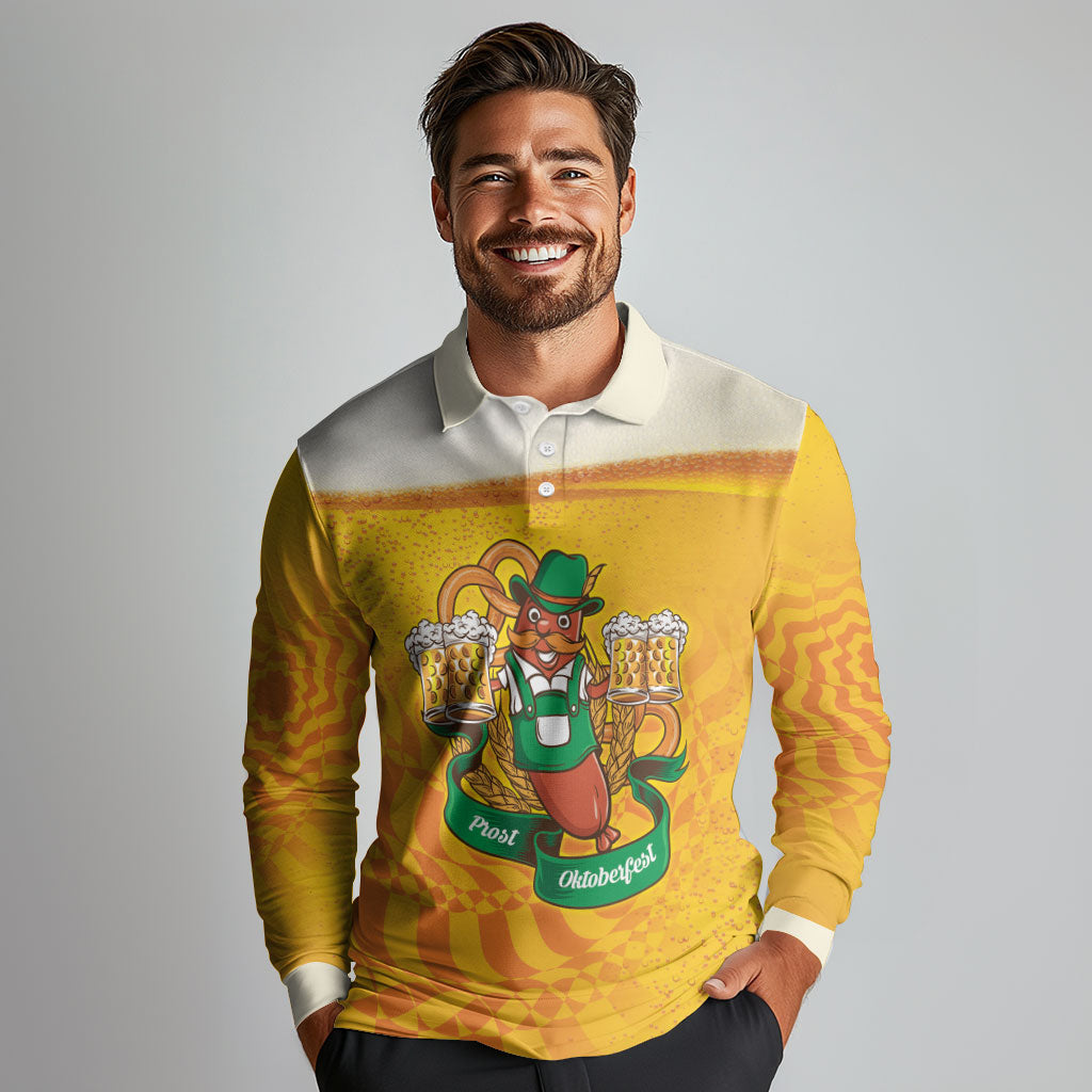 Oktoberfest Bratwurst Hotdog Personalized Long Sleeve Polo Shirt Bavarian Pattern Foam Beer Style
