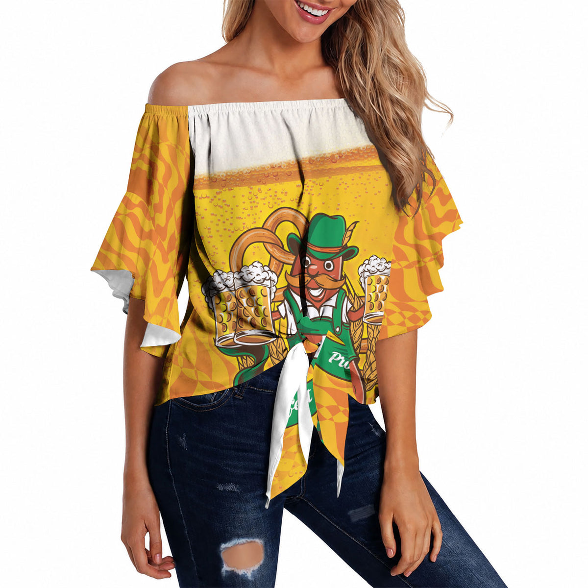 Oktoberfest Bratwurst Hotdog Personalized Off Shoulder Wrap Waist Top Bavarian Pattern Foam Beer Style