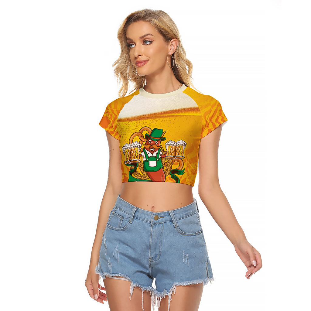 Oktoberfest Bratwurst Hotdog Personalized Raglan Cropped T Shirt Bavarian Pattern Foam Beer Style