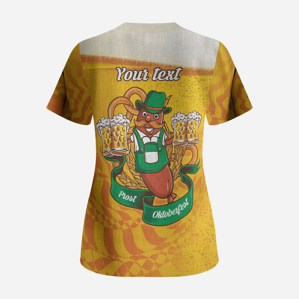 Oktoberfest Bratwurst Hotdog Personalized Scrub Top Bavarian Pattern Foam Beer Style