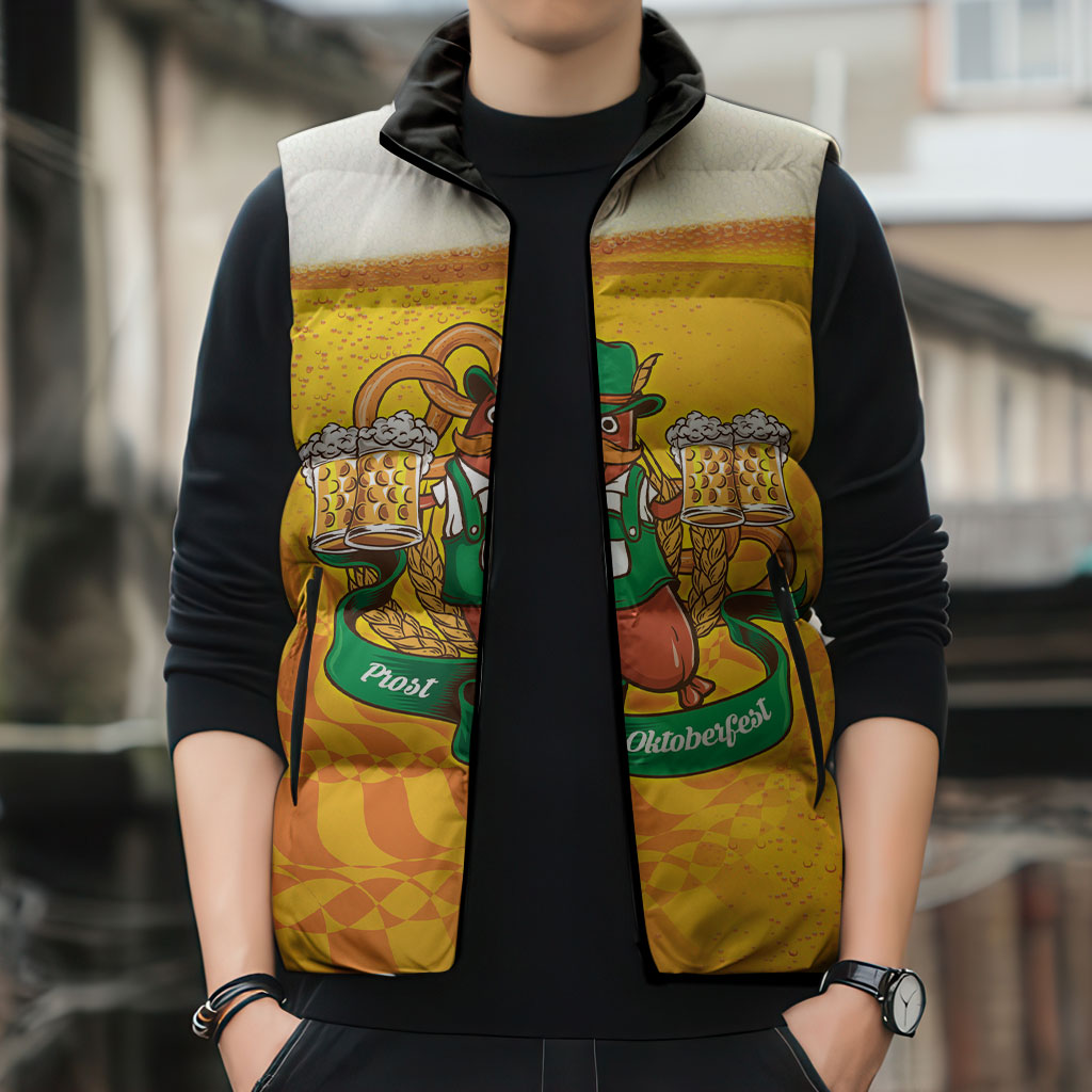 Oktoberfest Bratwurst Hotdog Personalized Sleeveless Puffer Jacket Bavarian Pattern Foam Beer Style