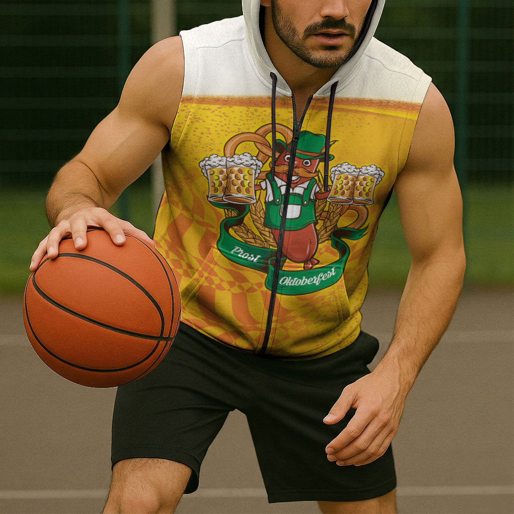 Oktoberfest Bratwurst Hotdog Personalized Sleeveless Zip Hoodie Bavarian Pattern Foam Beer Style