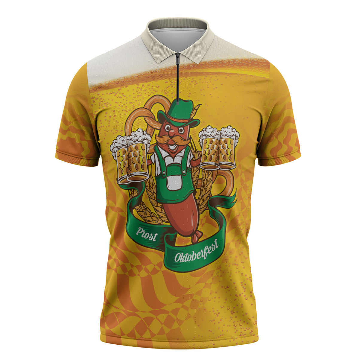 Oktoberfest Bratwurst Hotdog Personalized Zipper Polo Shirt Bavarian Pattern Foam Beer Style