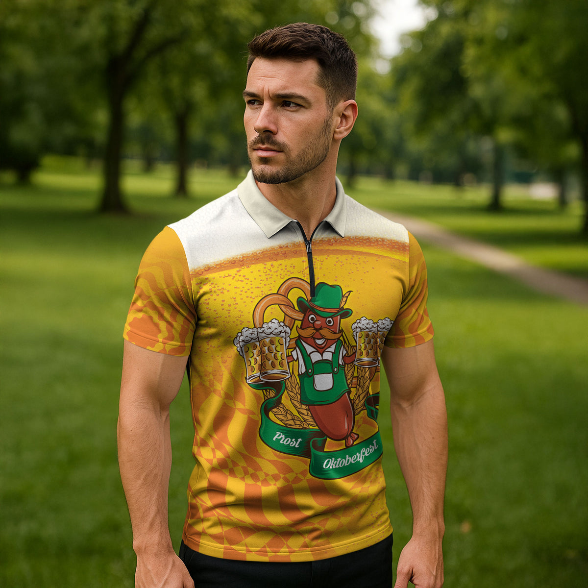 Oktoberfest Bratwurst Hotdog Personalized Zipper Polo Shirt Bavarian Pattern Foam Beer Style