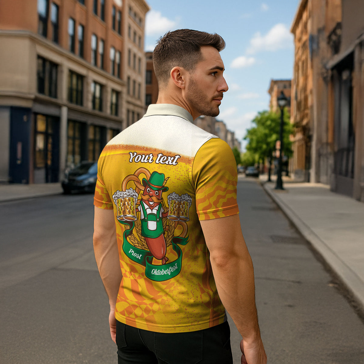 Oktoberfest Bratwurst Hotdog Personalized Zipper Polo Shirt Bavarian Pattern Foam Beer Style