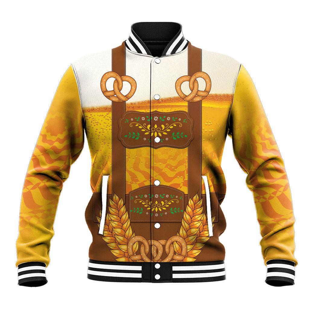 Oktoberfest Lederhosen Pretzel Baseball Jacket Bavarian Pattern Foam Beer Style