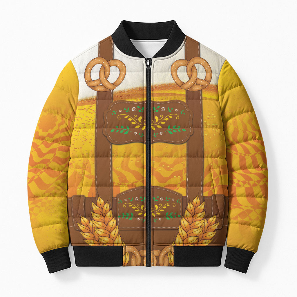 Oktoberfest Lederhosen Pretzel Bomber Puffer Jacket Bavarian Pattern Foam Beer Style