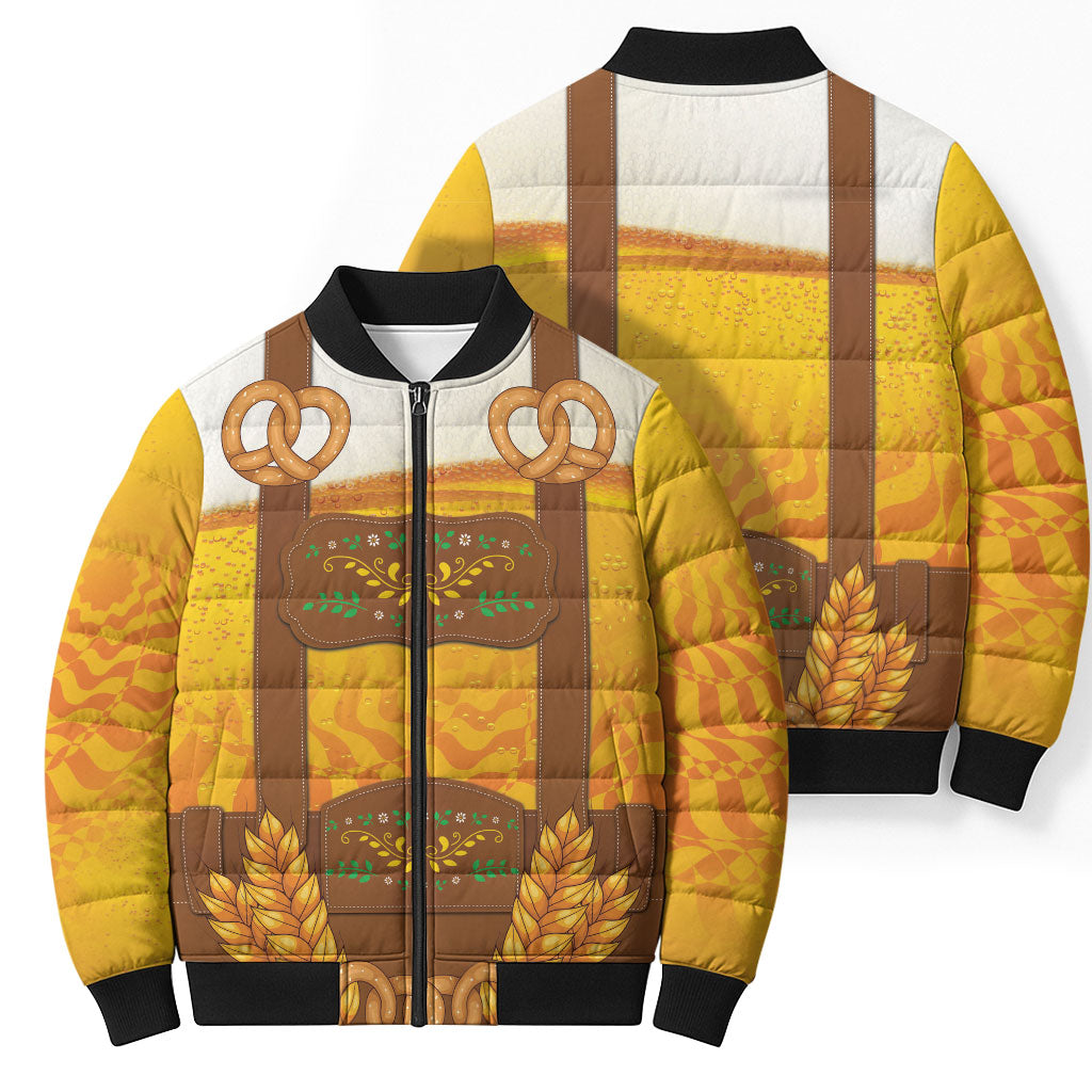 Oktoberfest Lederhosen Pretzel Bomber Puffer Jacket Bavarian Pattern Foam Beer Style