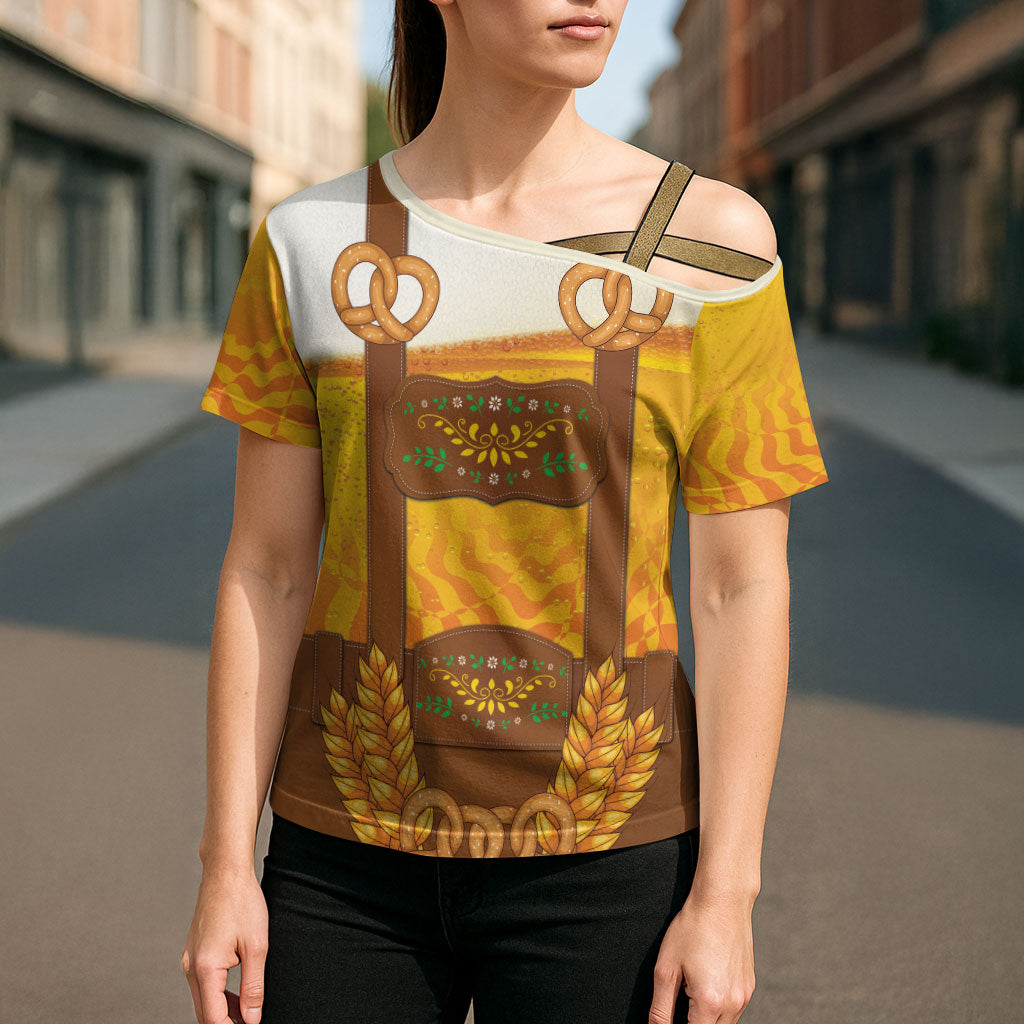 Oktoberfest Lederhosen Pretzel Cross Shoulder Shirt Bavarian Pattern Foam Beer Style