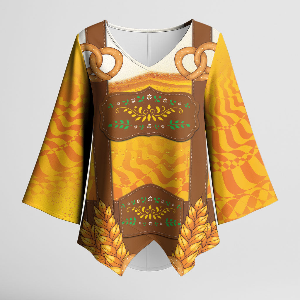 Oktoberfest Lederhosen Pretzel Kimono Sleeve Blouse Bavarian Pattern Foam Beer Style