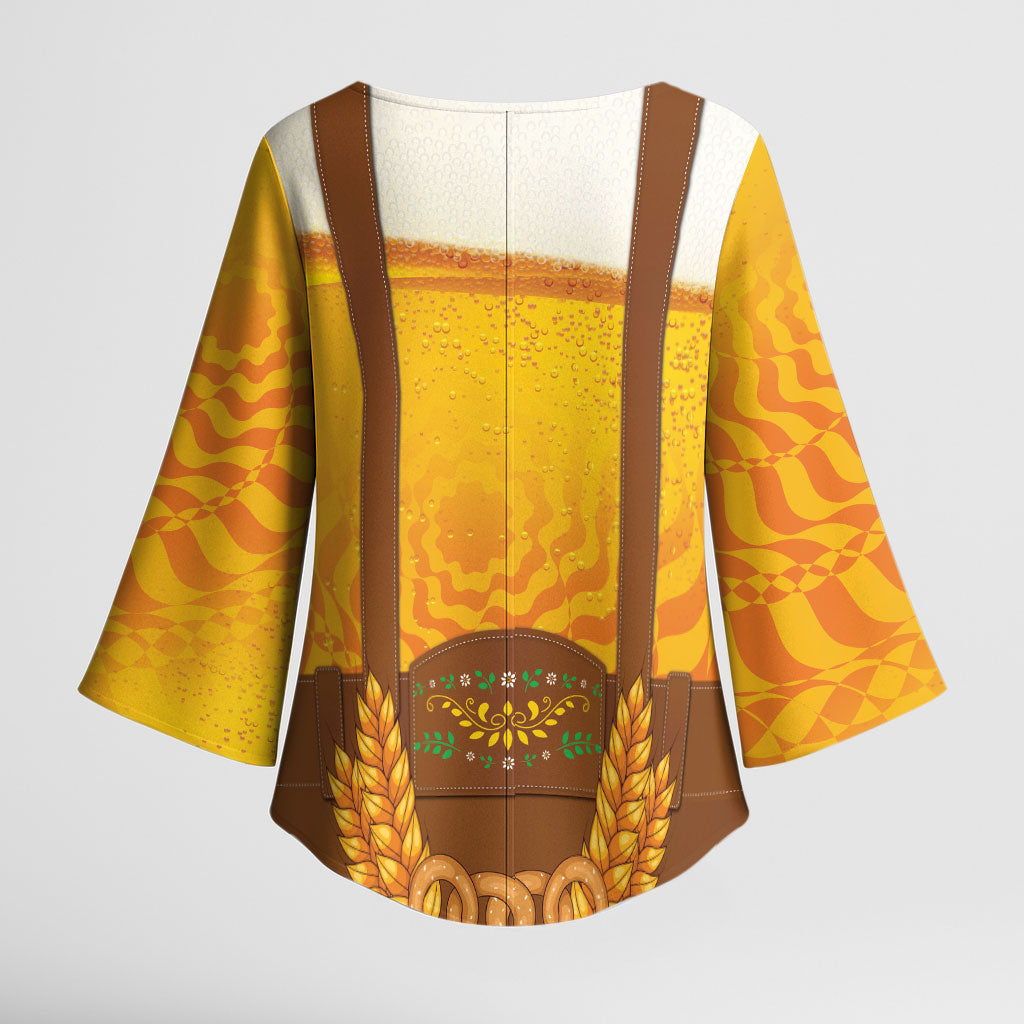 Oktoberfest Lederhosen Pretzel Kimono Sleeve Blouse Bavarian Pattern Foam Beer Style